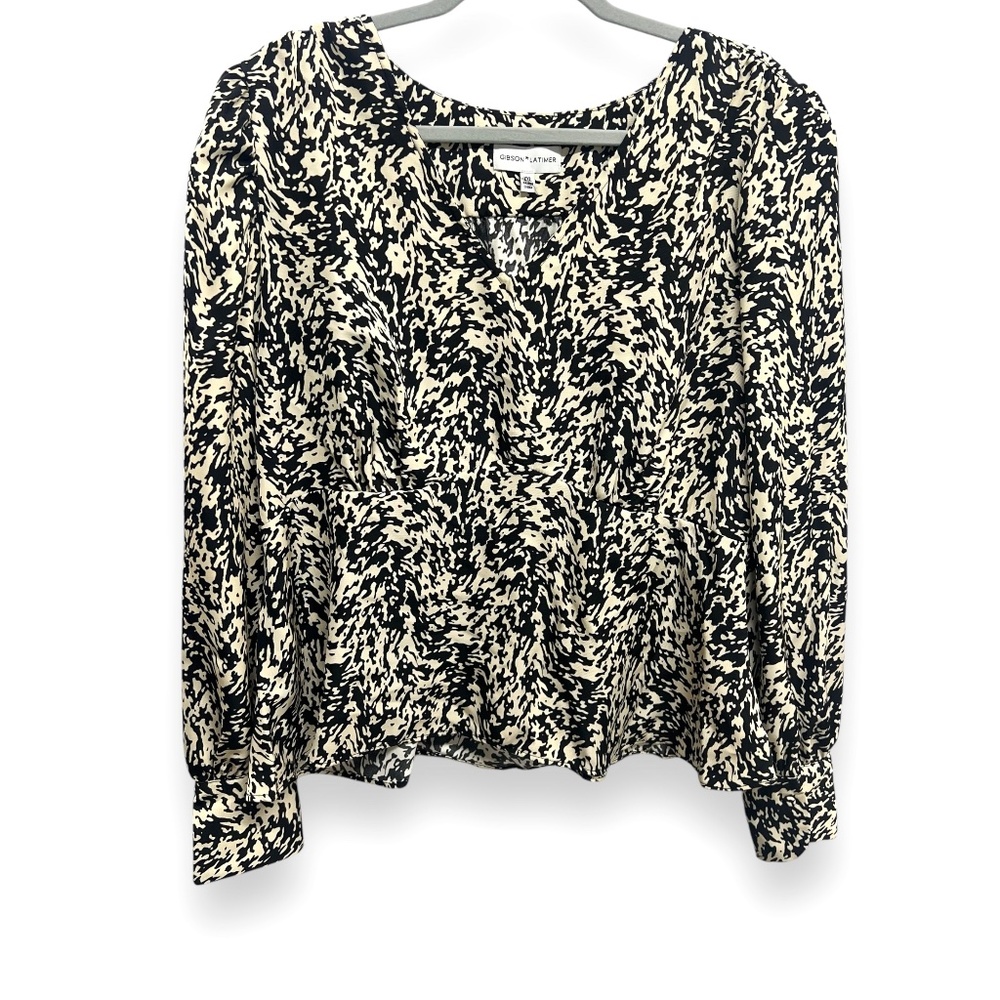 Gibson Latimer Blouse Puff Shoulder Black White Abstract Print Longsleeve XXL
